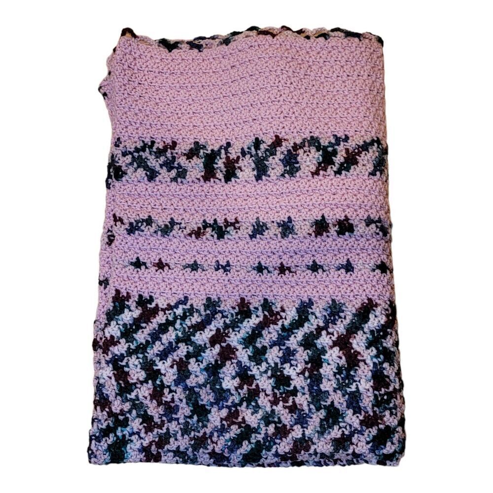 Vintage Handmade Crochet Pink And MultiColor Stiped Afghan Blanket 38x53 - Picture 3 of 7